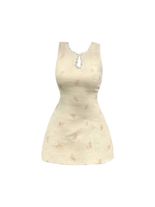 Unique Cream Sleeveless Pearl-Trimmed Jewel Neck Mini Skirt Social Outings A-Line Bow Print Textured Fabric Cutout Short Dress AP4677