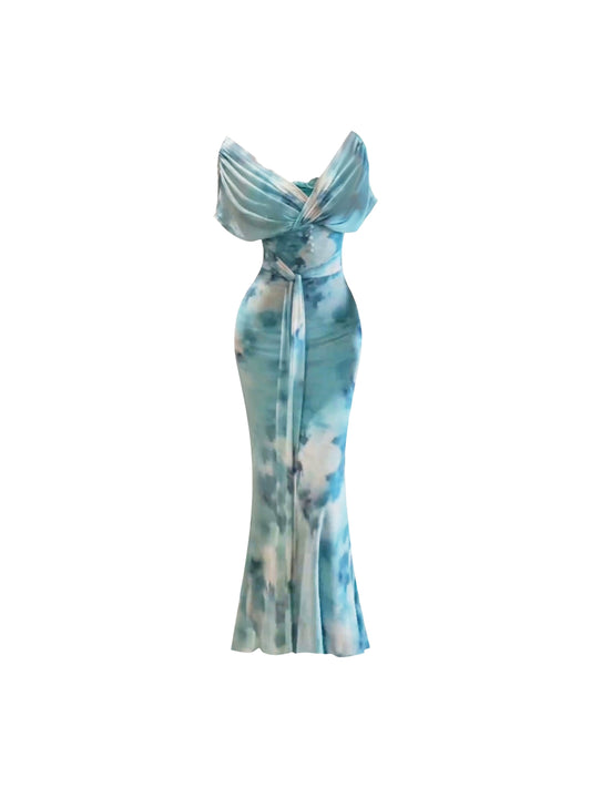 Vibrant Tie-Dye Off-Shoulder Twist-Front Maxi Dress Chic Beads Tie-Waist Mermaid Long Dress AP4678
