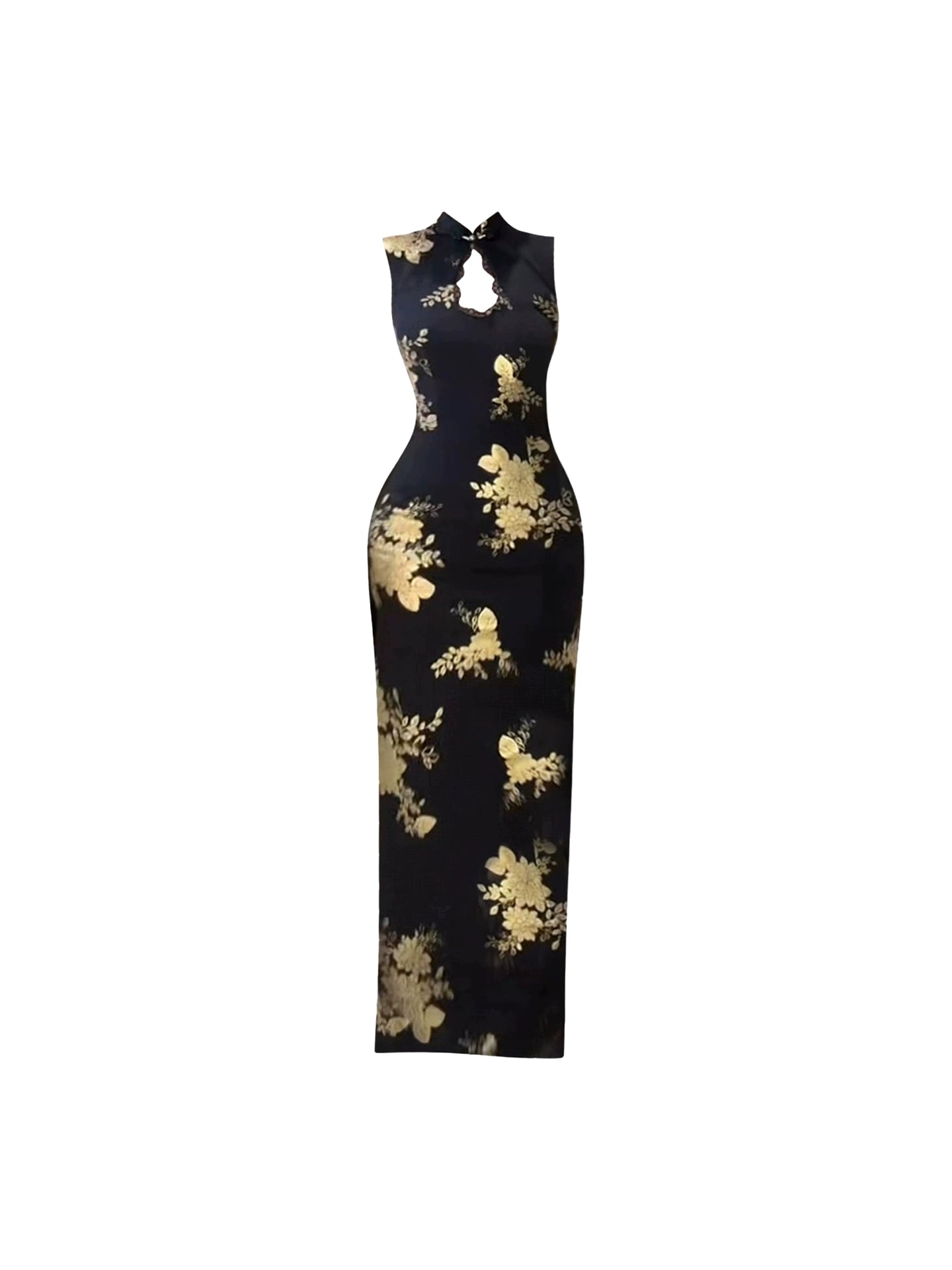 Fashionable Sheath Black & Gold Floral Print Sleeveless Maxi Dresses Retro Mandarin Collar Cutout Long Dress AP4679
