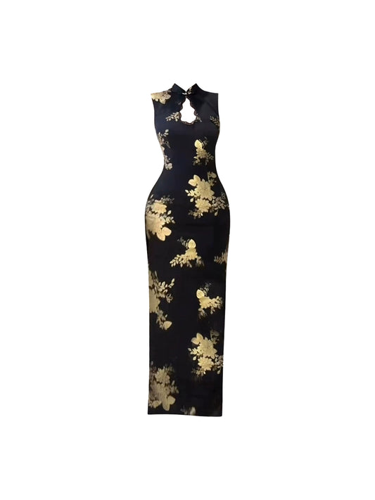 Fashionable Sheath Black & Gold Floral Print Sleeveless Maxi Dresses Retro Mandarin Collar Cutout Long Dress AP4679