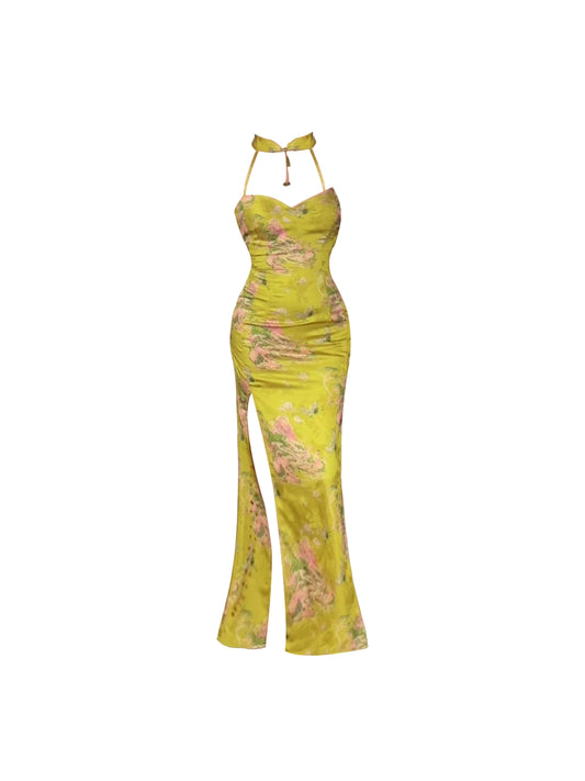 Sheen Bust Fitted High-Slit Halter Neck Sheath Maxi Dress Charming Bright Yellow Cutout Floral Print Long Dress AP4680