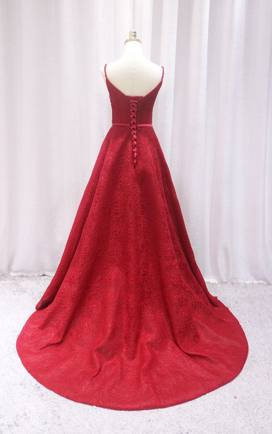 Charming Red A-Line Spaghetti Strap Sweet 16th Evening Dresses Sequins Lace Beading Jacquard Prom Dress AP4682
