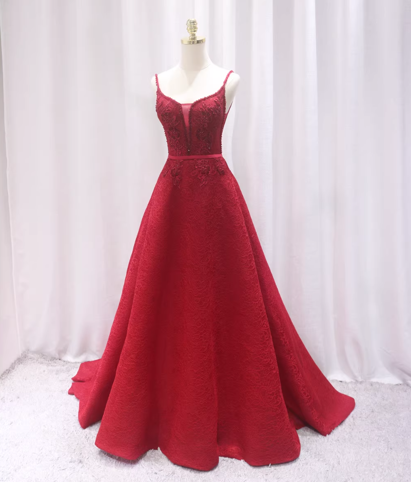 Charming Red A-Line Spaghetti Strap Sweet 16th Evening Dresses Sequins Lace Beading Jacquard Prom Dress AP4682