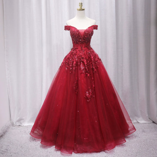 Simple Off-Shoulder A-Line Red Tulle Sweet 16th Evening Gowns Beading Sequins Appliques Prom Dress AP4683