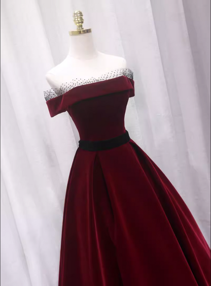 Minimalism Off-Shoulder A-Line Red Velvet Sweet 16th Evening Gowns Mesh Trim Lace-Up Prom Dress AP4684