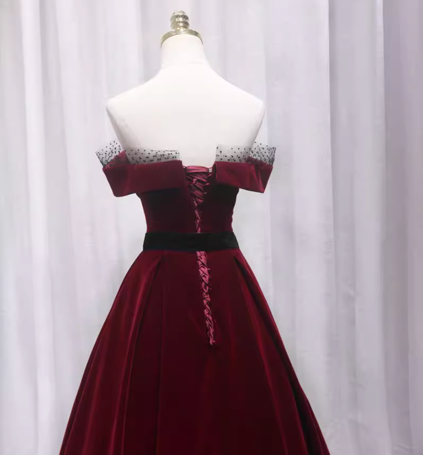 Minimalism Off-Shoulder A-Line Red Velvet Sweet 16th Evening Gowns Mesh Trim Lace-Up Prom Dress AP4684