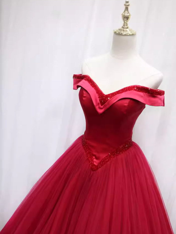 Sparkly Off-Shoulder Red Tulle A-Line Sweet 16th Evening Gowns Beading Prom Dress AP4686