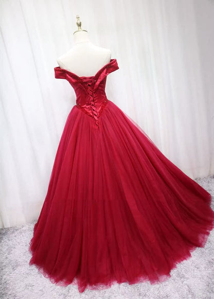 Sparkly Off-Shoulder Red Tulle A-Line Sweet 16th Evening Gowns Beading Prom Dress AP4686