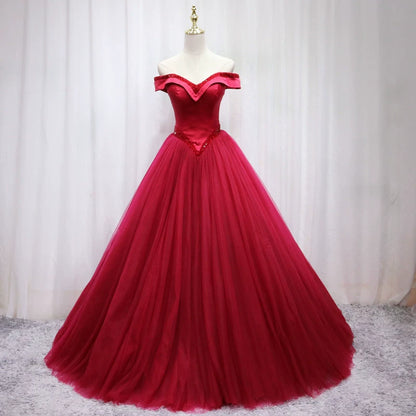 Sparkly Off-Shoulder Red Tulle A-Line Sweet 16th Evening Gowns Beading Prom Dress AP4686