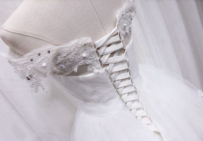 Playful Off-Shoulder A-Line White Tulle Birthday Dresses Lace Beading Sequins Rhinestones Homecoming Dress AP4688