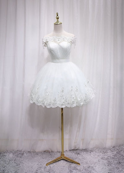 Playful Off-Shoulder A-Line White Tulle Birthday Dresses Lace Beading Sequins Rhinestones Homecoming Dress AP4688