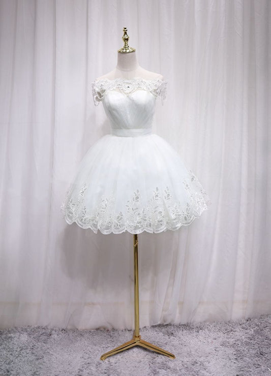 Playful Off-Shoulder A-Line White Tulle Birthday Dresses Lace Beading Sequins Rhinestones Homecoming Dress AP4688