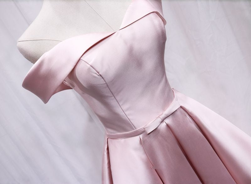 Stylish Off-Shoulder A-Line Birthday Dresses Bow Pink Pleated Satin Simple Homecoming Dress AP4689