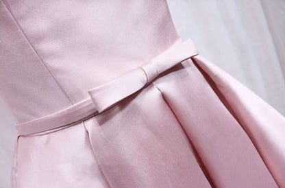 Stylish Off-Shoulder A-Line Birthday Dresses Bow Pink Pleated Satin Simple Homecoming Dress AP4689