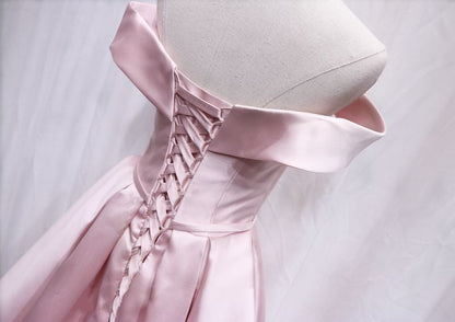 Stylish Off-Shoulder A-Line Birthday Dresses Bow Pink Pleated Satin Simple Homecoming Dress AP4689