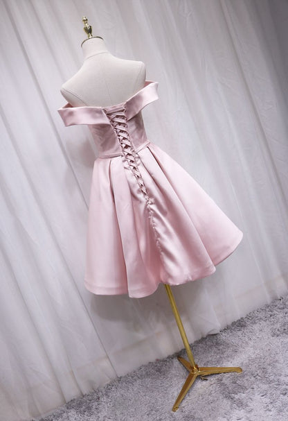 Stylish Off-Shoulder A-Line Birthday Dresses Bow Pink Pleated Satin Simple Homecoming Dress AP4689