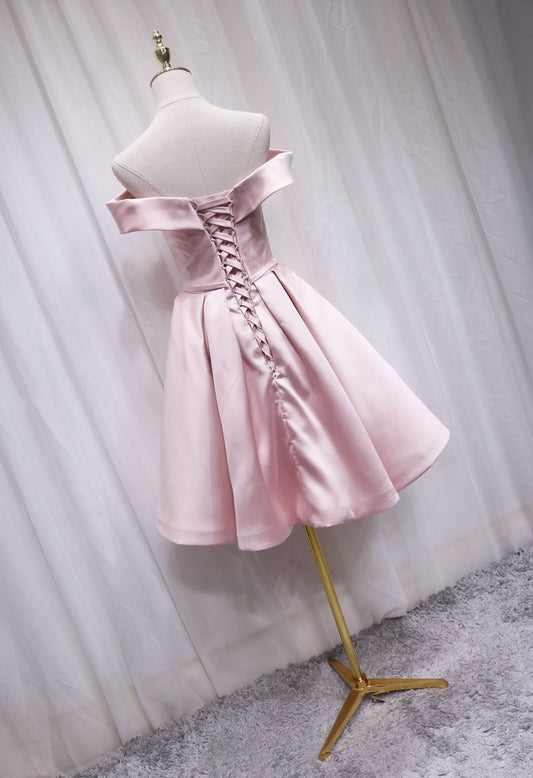 Stylish Off-Shoulder A-Line Birthday Dresses Bow Pink Pleated Satin Simple Homecoming Dress AP4689