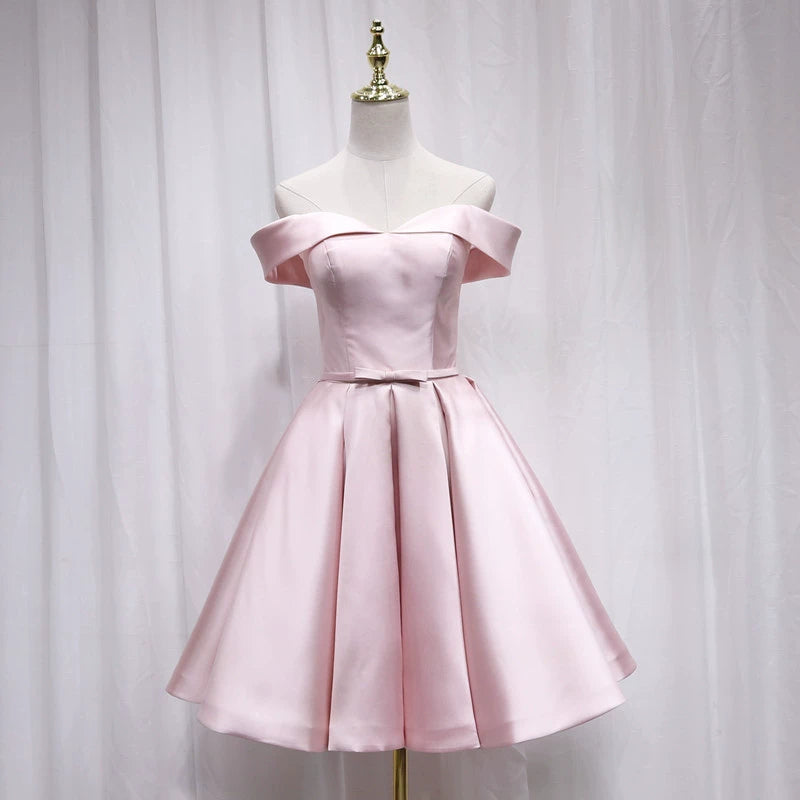 Stylish Off-Shoulder A-Line Birthday Dresses Bow Pink Pleated Satin Simple Homecoming Dress AP4689