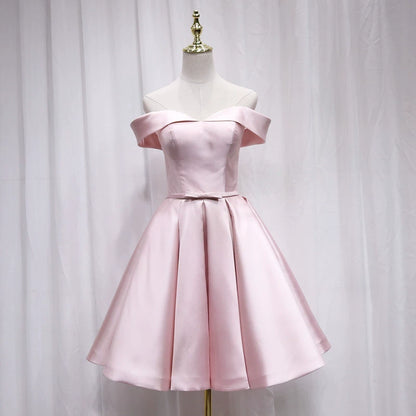 Stylish Off-Shoulder A-Line Birthday Dresses Bow Pink Pleated Satin Simple Homecoming Dress AP4689
