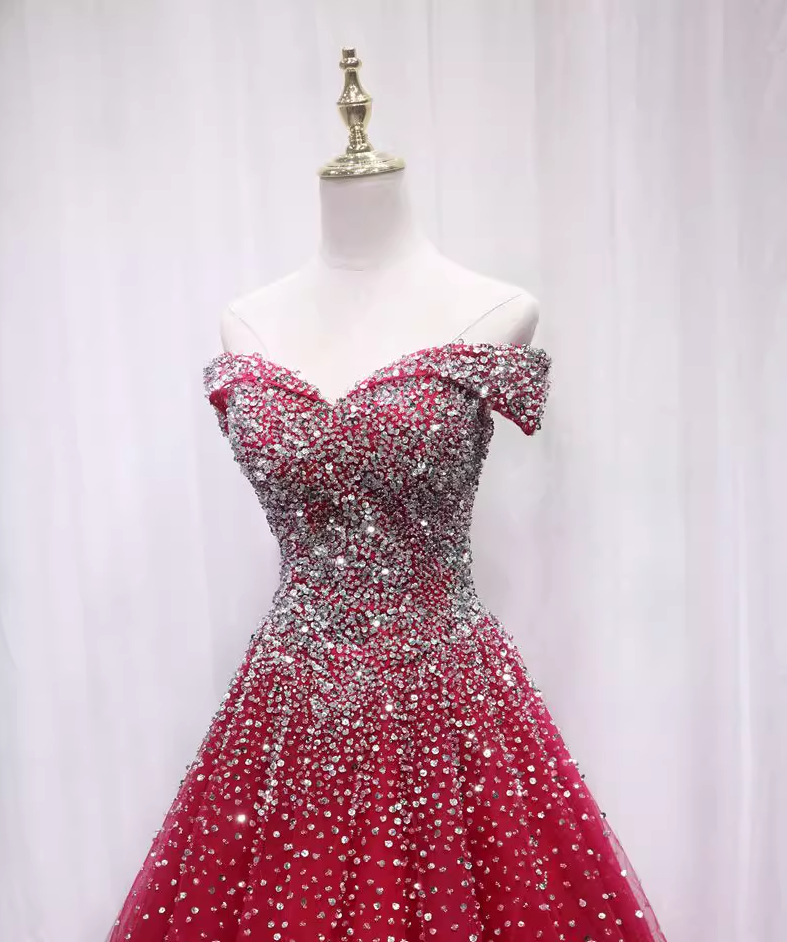 Flattering Off-Shoulder A-Line Sweet 16th Gowns Sequins Red Tulle Beading Prom Dress AP4691
