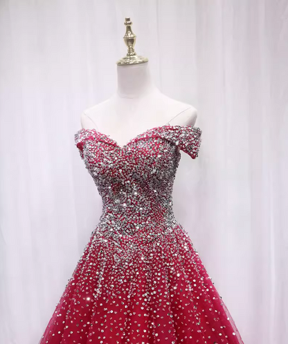 Flattering Off-Shoulder A-Line Sweet 16th Gowns Sequins Red Tulle Beading Prom Dress AP4691