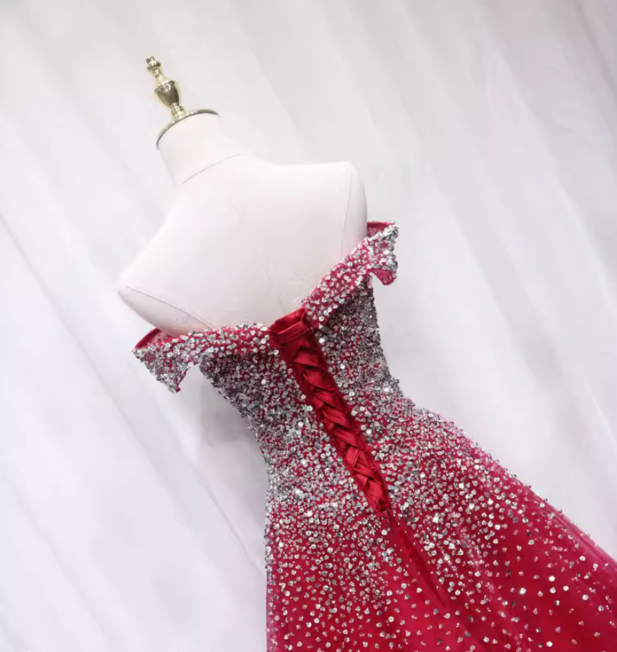 Flattering Off-Shoulder A-Line Sweet 16th Gowns Sequins Red Tulle Beading Prom Dress AP4691