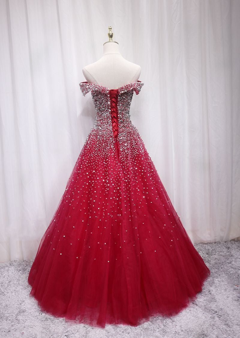 Flattering Off-Shoulder A-Line Sweet 16th Gowns Sequins Red Tulle Beading Prom Dress AP4691