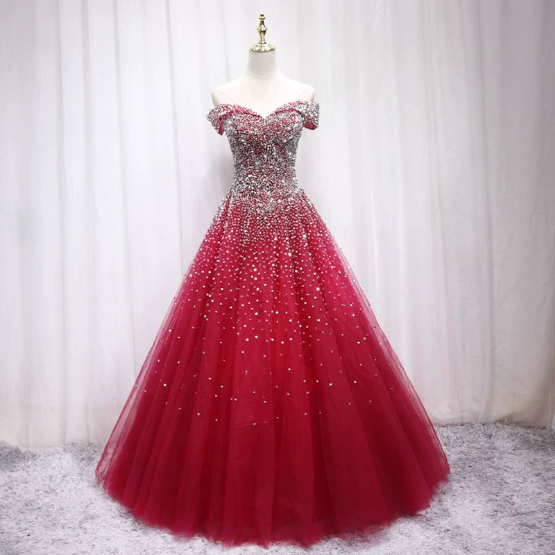 Flattering Off-Shoulder A-Line Sweet 16th Gowns Sequins Red Tulle Beading Prom Dress AP4691