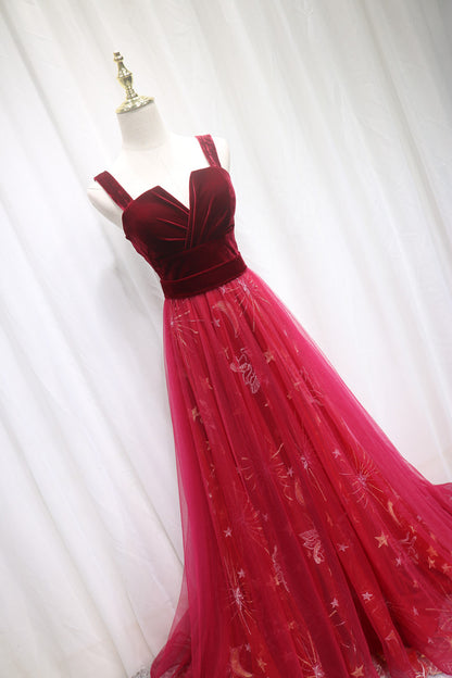 Trendy A-Line Spaghetti Strap Sweet 16th Evening Dresses Velvet Red Sequins Tulle Prom Dress AP4692