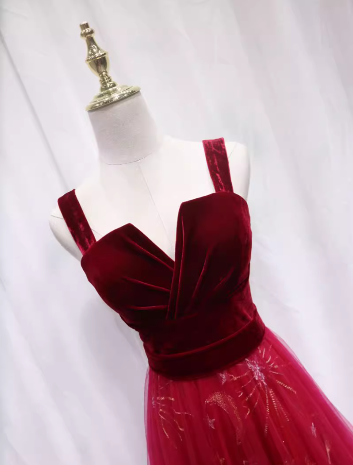 Trendy A-Line Spaghetti Strap Sweet 16th Evening Dresses Velvet Red Sequins Tulle Prom Dress AP4692