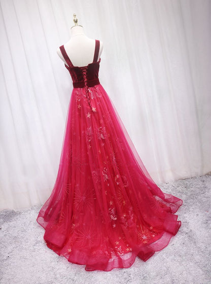 Trendy A-Line Spaghetti Strap Sweet 16th Evening Dresses Velvet Red Sequins Tulle Prom Dress AP4692