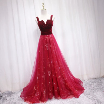 Trendy A-Line Spaghetti Strap Sweet 16th Evening Dresses Velvet Red Sequins Tulle Prom Dress AP4692