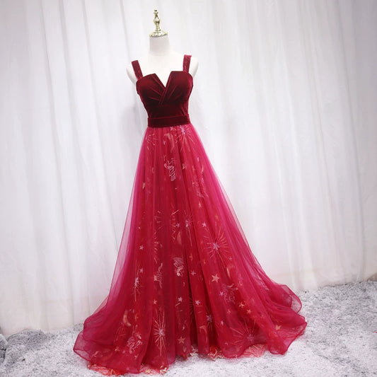 Trendy A-Line Spaghetti Strap Sweet 16th Evening Dresses Velvet Red Sequins Tulle Prom Dress AP4692