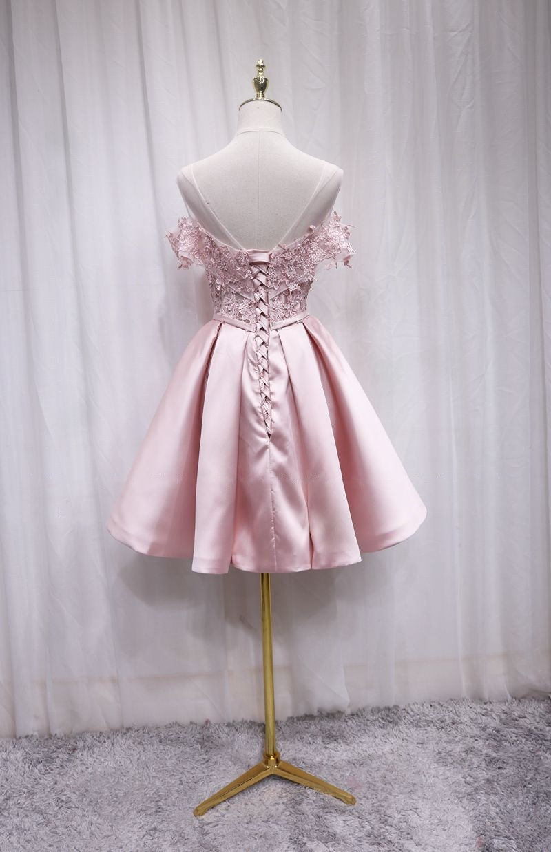 Attractive Off-Shoulder A-Line Pink Birthday Dresses Bow Appliques Homecoming Dress AP4693