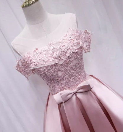 Attractive Off-Shoulder A-Line Pink Birthday Dresses Bow Appliques Homecoming Dress AP4693