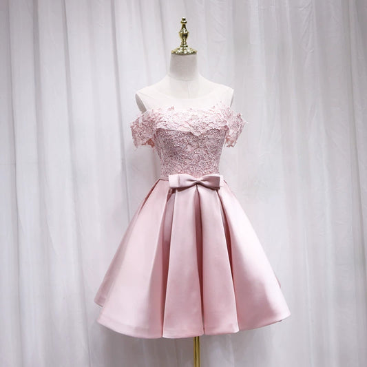 Attractive Off-Shoulder A-Line Pink Birthday Dresses Bow Appliques Homecoming Dress AP4693