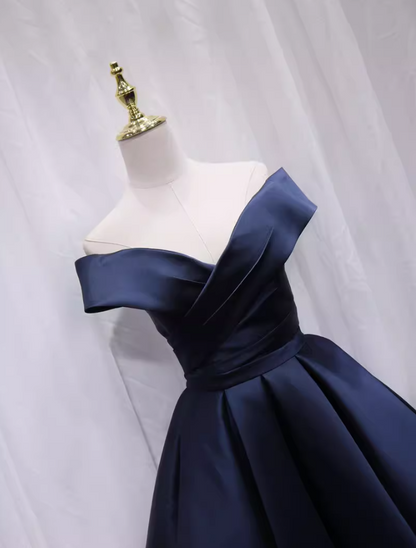 Sexy Off-Shoulder A-Line Birthday Dresses Pleated Navy Blue Satin Homecoming Dress AP4694