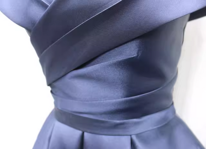 Sexy Off-Shoulder A-Line Birthday Dresses Pleated Navy Blue Satin Homecoming Dress AP4694