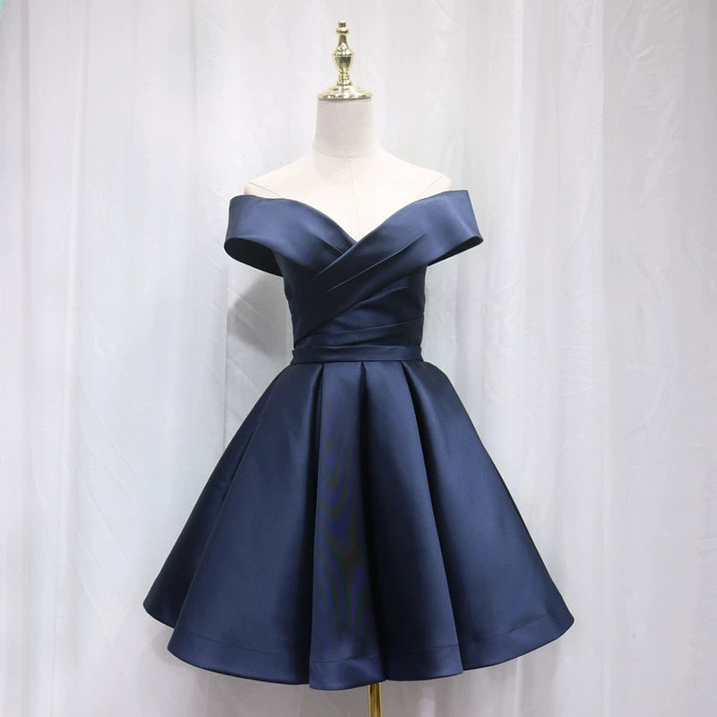 Sexy Off-Shoulder A-Line Birthday Dresses Pleated Navy Blue Satin Homecoming Dress AP4694