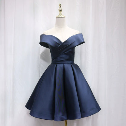 Sexy Off-Shoulder A-Line Birthday Dresses Pleated Navy Blue Satin Homecoming Dress AP4694
