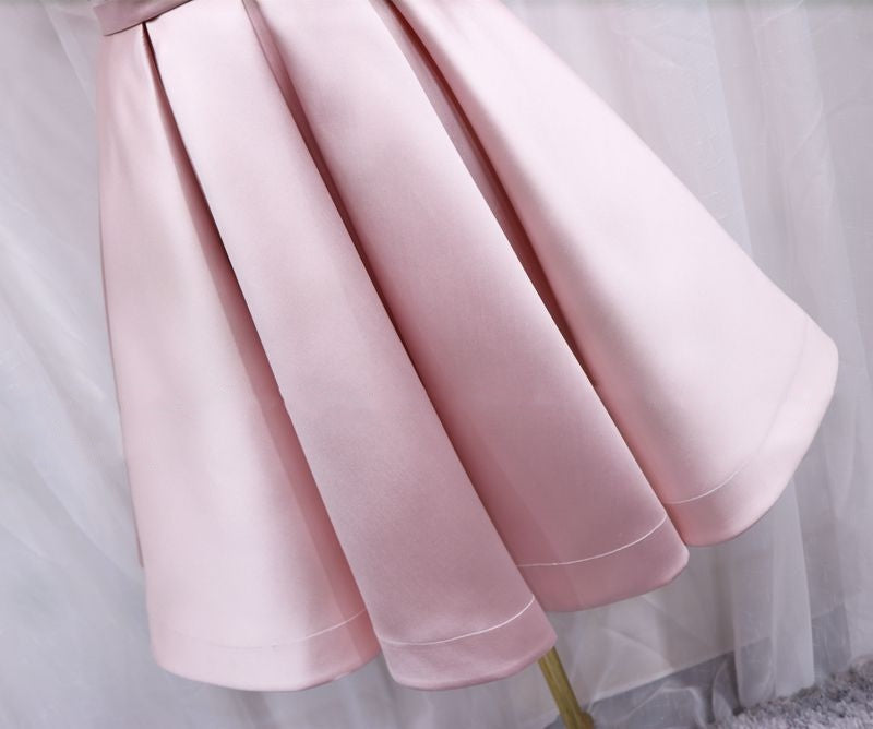 Vogue Off-Shoulder A-Line Birthday Dresses Pleated Pink Satin Homecoming Dress AP4695