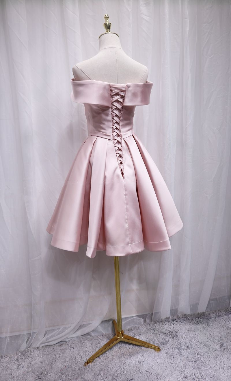 Vogue Off-Shoulder A-Line Birthday Dresses Pleated Pink Satin Homecoming Dress AP4695