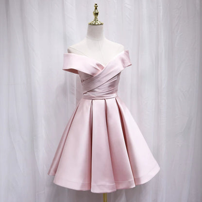 Vogue Off-Shoulder A-Line Birthday Dresses Pleated Pink Satin Homecoming Dress AP4695