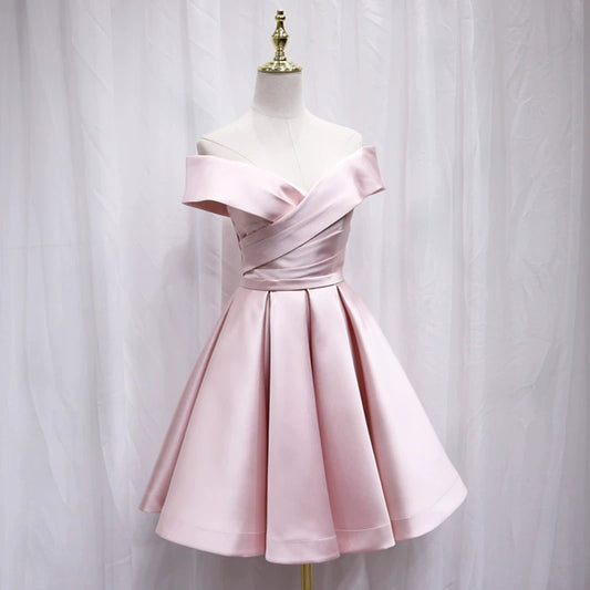 Vogue Off-Shoulder A-Line Birthday Dresses Pleated Pink Satin Homecoming Dress AP4695