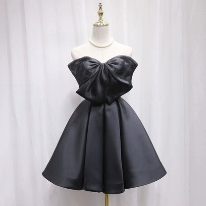 Modern A-Line Strapless Birthday Dresses Big Bows Black Satin Homecoming Dress AP4696