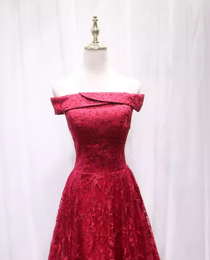 Pretty Off-Shoulder A-Line Sweet 16th Gowns Sequins Red Tulle Beaded Prom Dress AP4697