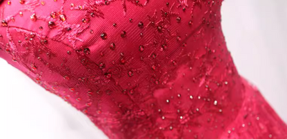 Pretty Off-Shoulder A-Line Sweet 16th Gowns Sequins Red Tulle Beaded Prom Dress AP4697