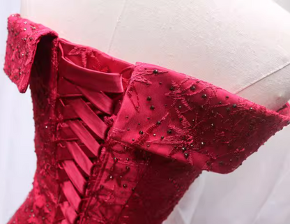 Pretty Off-Shoulder A-Line Sweet 16th Gowns Sequins Red Tulle Beaded Prom Dress AP4697