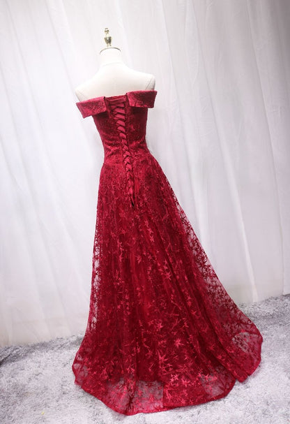Pretty Off-Shoulder A-Line Sweet 16th Gowns Sequins Red Tulle Beaded Prom Dress AP4697