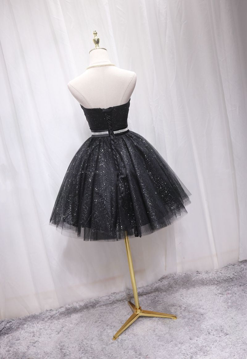 Princess A-Line Strapless Birthday Dresses Sequins Black Tulle Beading Homecoming Dress AP4698